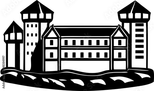 Medieval castle with tower, lattice and battlements. Creative Logo Design Template. Medieval castle flat icon design, old palace building vector illustration, fairy tale fantasy castle fortress