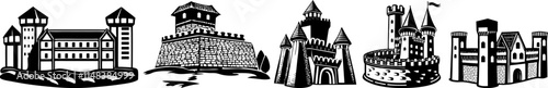 Medieval castle with tower, lattice and battlements. Creative Logo Design Template. Medieval castle flat icon design, old palace building vector illustration, fairy tale fantasy castle fortress