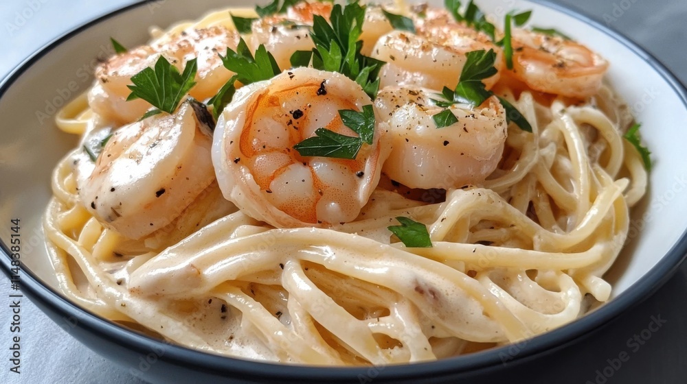 A creamy shrimp pasta dish garnished with parsley, showcasing a tantalizing mix of flavors and textures in a simple bowl.