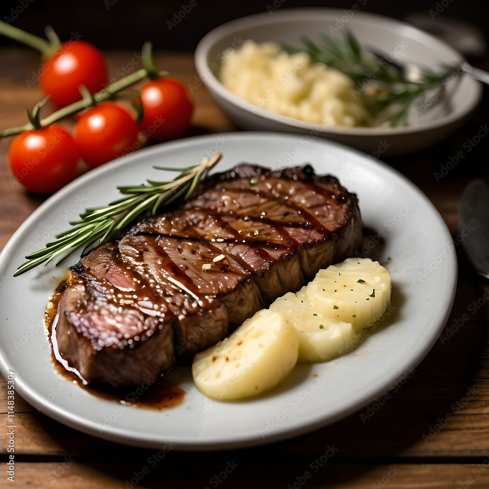 Gourmet Seared Ribeye Steak on Wooden Board Gourmet Seared Ribeye Steak on Wooden Board