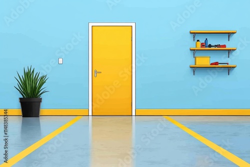 A simple depiction of a garage with shelves, a workbench, and an open door, rendered in vibrant colors on a plain background photo