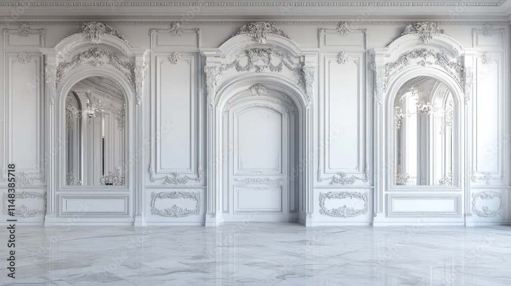 Fototapeta premium Elegant white room with arched mirrors and marble floor.