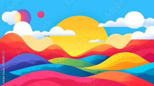 Colorful wavy hills with sun and sky.