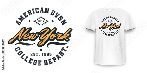 New York, Brooklyn t-shirt mockup design. T-shirt print design in American college style. Athletic typography for tee shirt print in university and college style