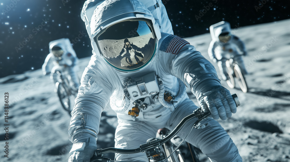 Naklejka premium Astronauts riding bicycles on the lunar surface in space