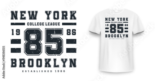 New York, Brooklyn t-shirt mockup design. T-shirt print design in American college style. Athletic typography for tee shirt print in university and college style