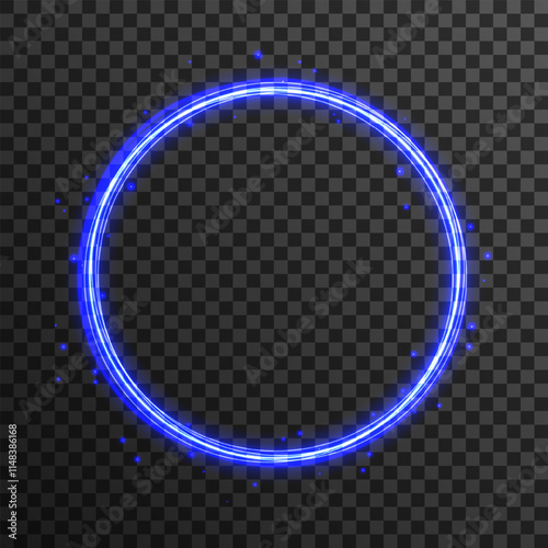 Light circle background with blue light neon effect. Light glowing circle line of neon effect. Space tunnel. Ellipse shimmery color. Blue shiny glitter. Neon blurry circles at motion. Blue ring