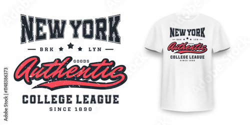 New York, Brooklyn t-shirt mockup design. T-shirt print design in American college style. Athletic typography for tee shirt print in university and college style