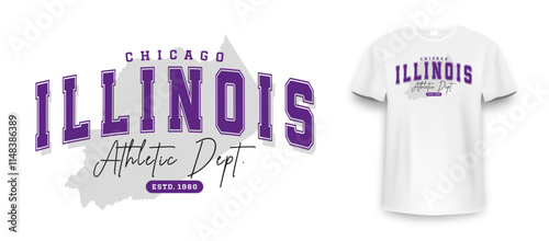 Chicago, Illinois t-shirt mockup design. Slogan t-shirt print design in American college style. Athletic typography for tee shirt print in university and college style