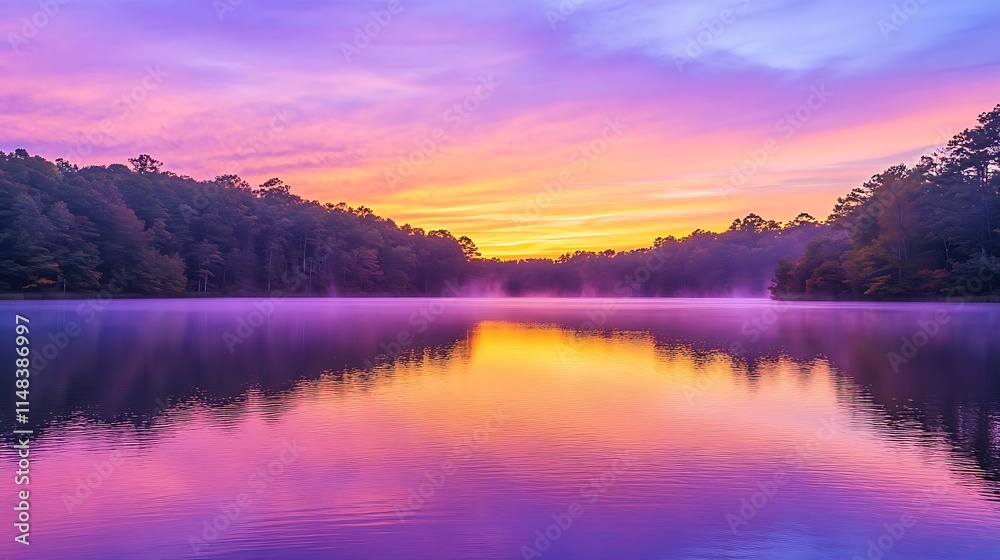 Fototapeta premium Pink sunrise over still lake.