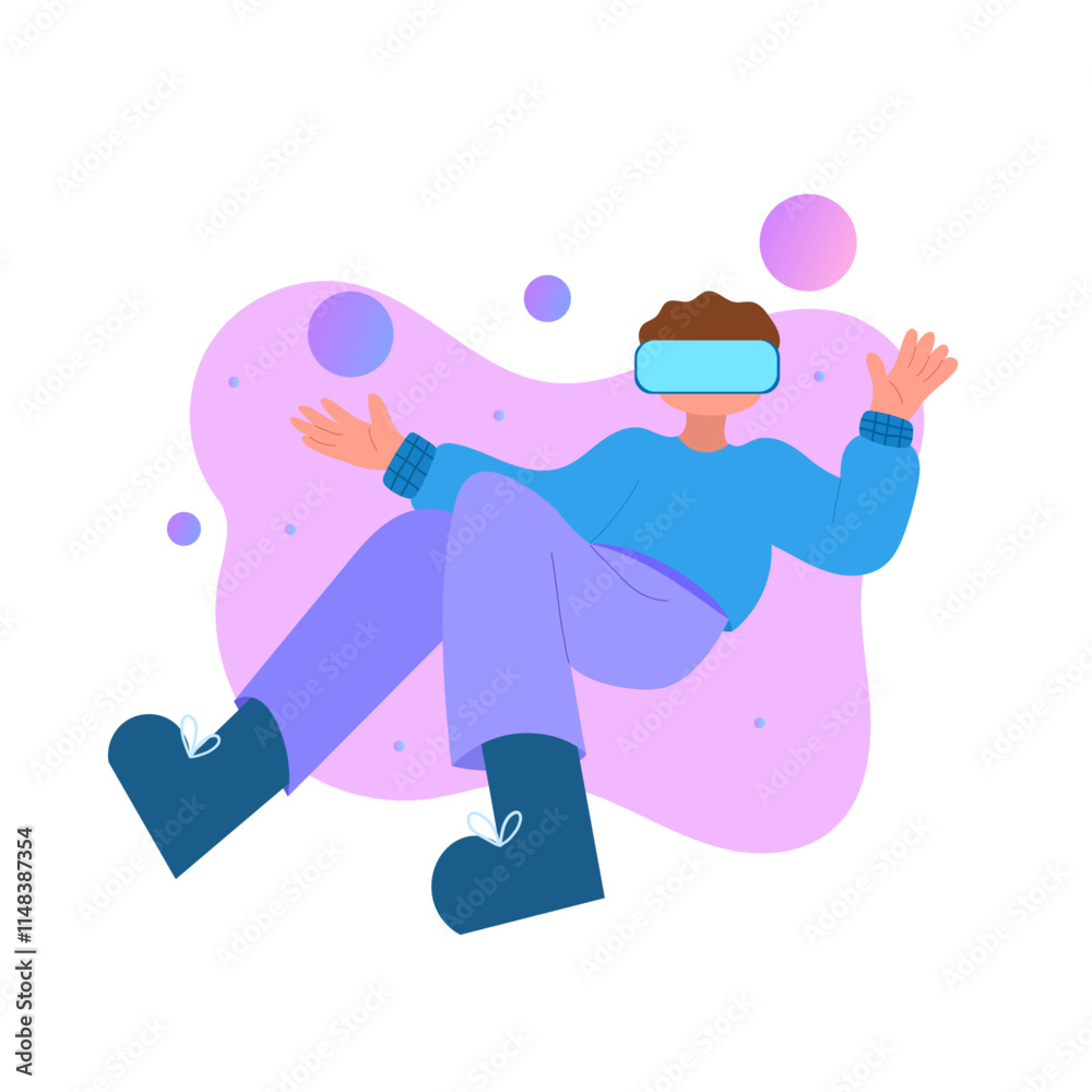 man experiencing virtual reality with vr headset flat design illustration man experiencing virtual reality with vr headset flat design illustration