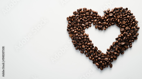 Romantic Hollow Heart Made of Coffee Beans with Inner Heart Design on White Background. Perfect High-Resolution Composition for Valentine's Day Advertising Banner with Copy Space