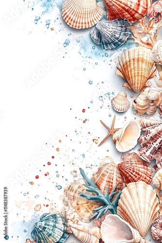 A beautiful collection of seashells and marine treasures captured in a vibrant watercolor style for ocean lovers photo