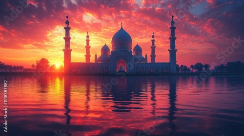 Majestic mosque at sunset reflected in water. photo