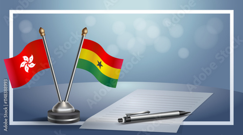 Hong Kong and Ghana National flags on small table with bokeh background, cooperative relationship