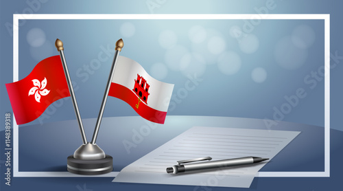 Hong Kong and Gibraltar National flags on small table with bokeh background, cooperative relationship