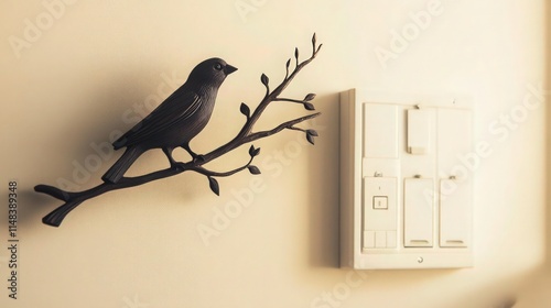 A sparrow crafted from dark cedar wood perched on a minimalistic branch design with fine details, positioned near a white switchboard, on a cream-colored wall. photo