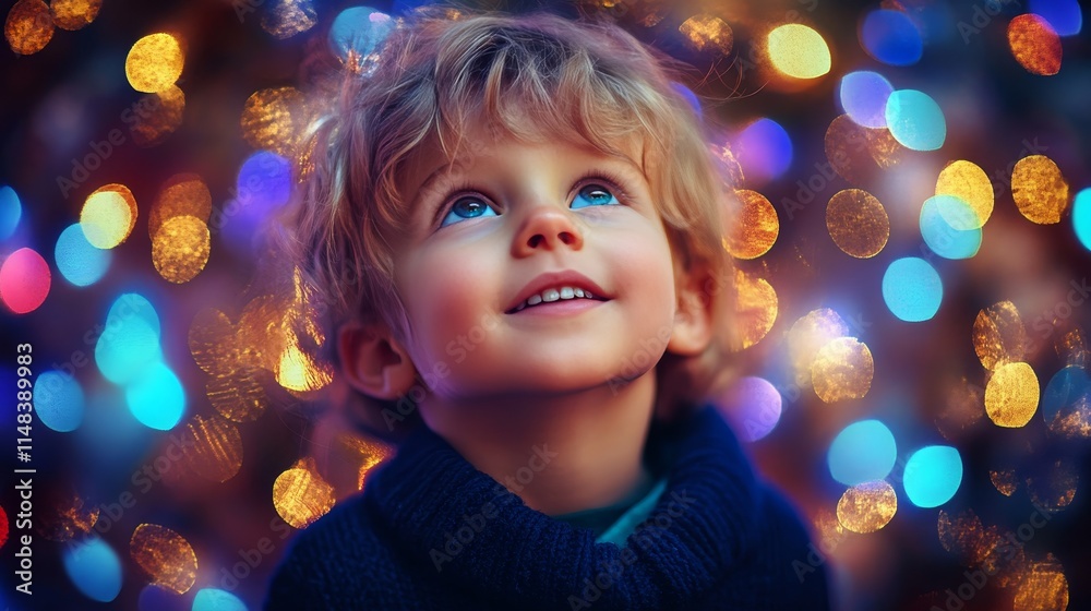 Little Boy, Captivated by Glimmering Lights, Experiences Holiday Magic During Christmas Season. Little Boy, Captivated by Glimmering Lights, Experiences Holiday Magic During Christmas Season.