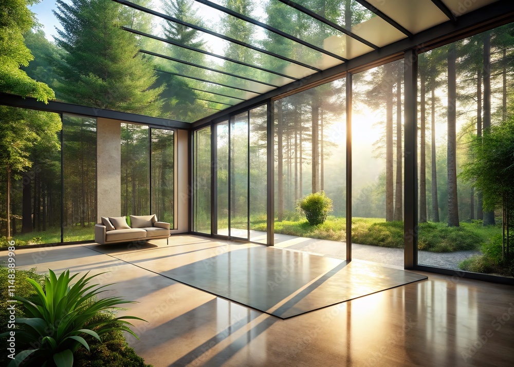 Surreal Glass House Interior: Empty Room, Forest View, 3D Render Surreal Glass House Interior: Empty Room, Forest View, 3D Render