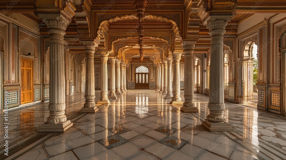 Ornate marble hallway with columns, arches, and detailed ceiling. Ornate marble hallway with columns, arches, and detailed ceiling.