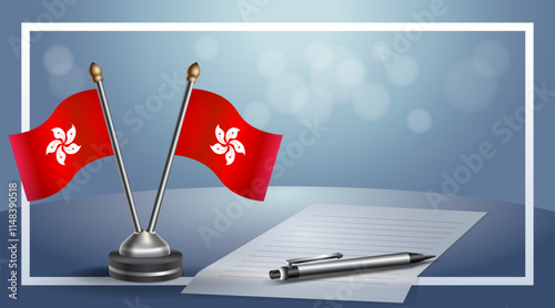 Hong Kong  National flags on small table with bokeh background