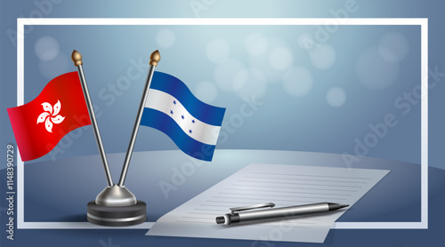 Hong Kong and Honduras National flags on small table with bokeh background, cooperative relationship