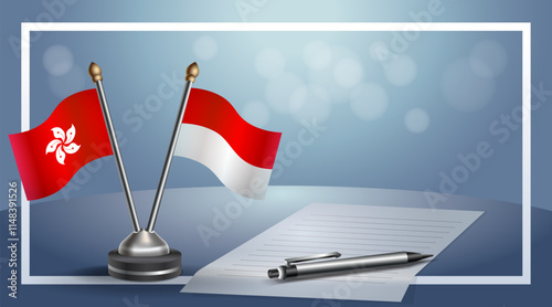Hong Kong and Indonesia National flags on small table with bokeh background, cooperative relationship