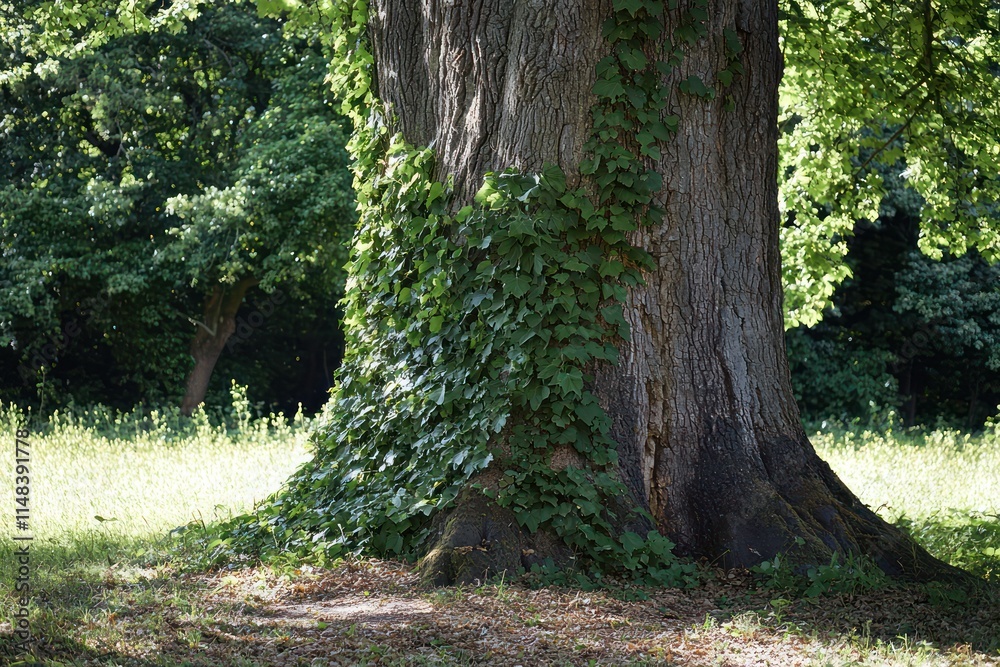 Wide tree trunk with ivy growing up its sides in a peaceful woodland Wide tree trunk with ivy growing up its sides in a peaceful woodland