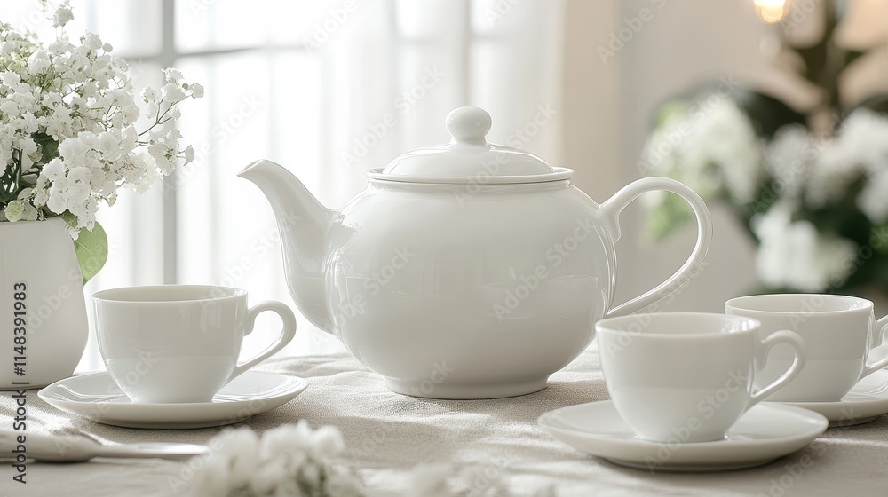 Elegant White Tea Set on a Table with Flowers Elegant White Tea Set on a Table with Flowers
