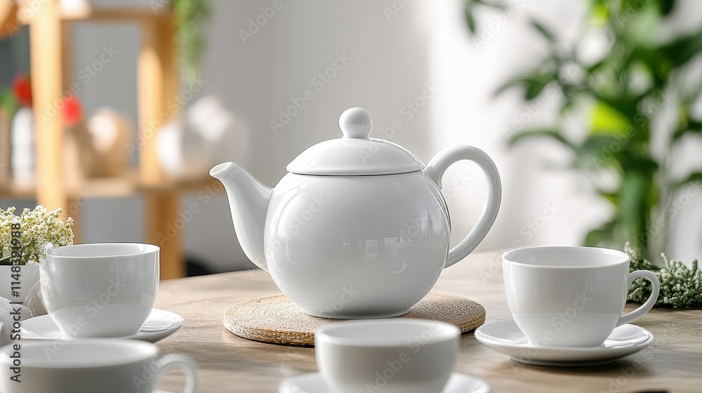 Elegant White Teapot and Cups on Wooden Table Elegant White Teapot and Cups on Wooden Table