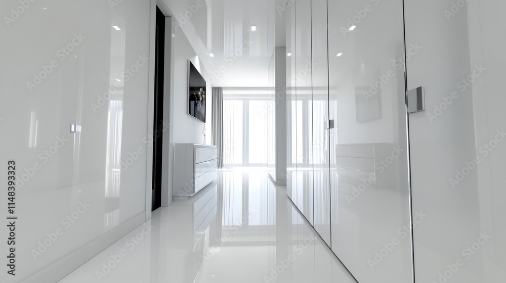 Fototapeta premium Modern white hallway with glossy floor and built-in wardrobes.