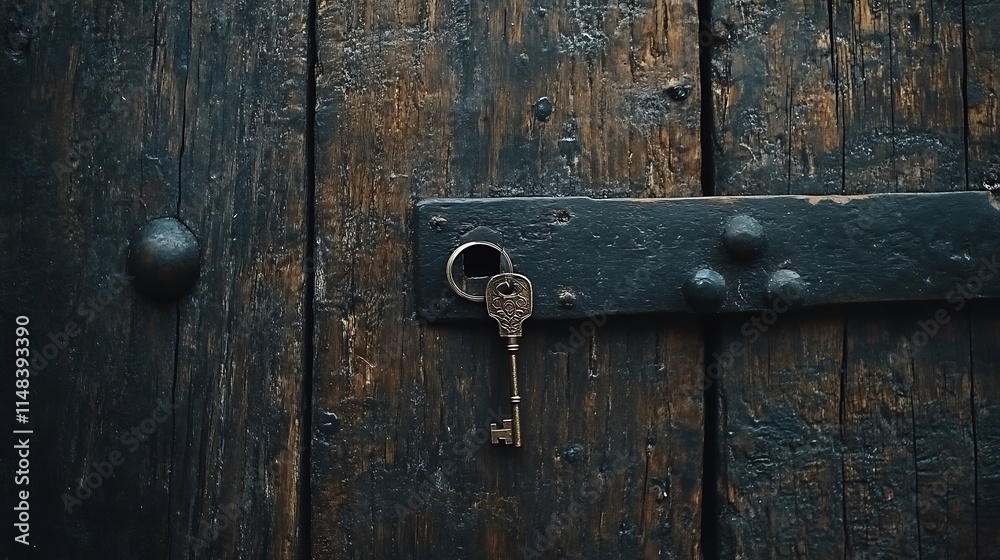 Key in dark wooden door. Key in dark wooden door.