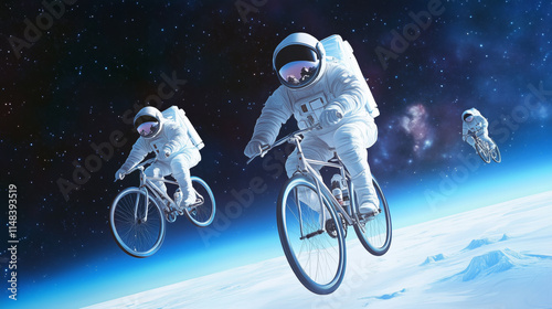 Fototapeta Naklejka Na Ścianę i Meble -  Astronauts cycling in space during a cosmic adventure