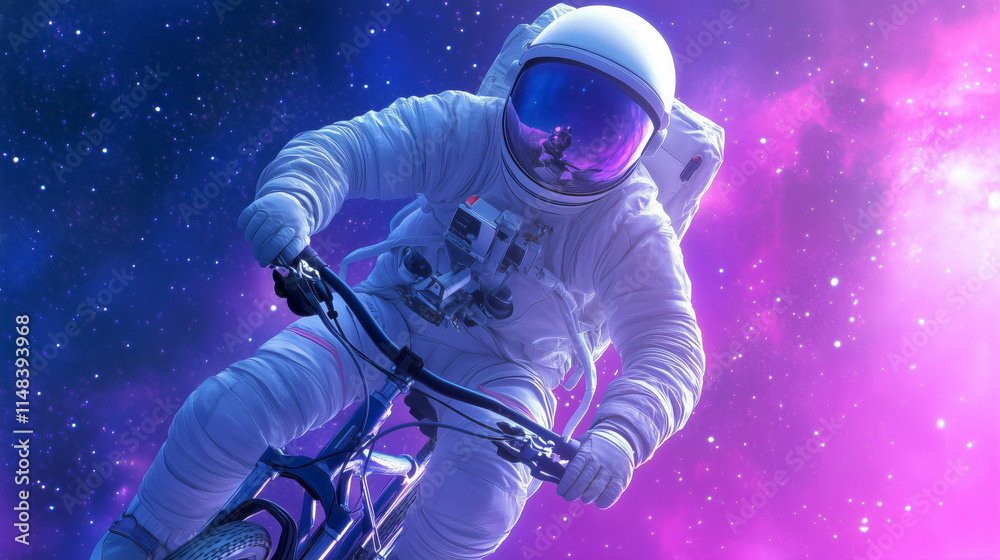Astronaut riding bicycle through colorful cosmic space Astronaut riding bicycle through colorful cosmic space