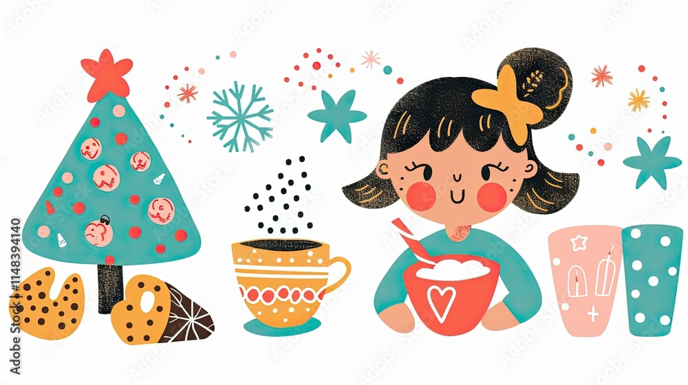 Naklejka premium A cute little girl is sitting next to the Christmas tree