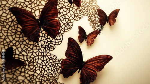 Dark mahogany butterflies with intricate lattice designs, displayed in an organic upward motion against an off-white background, evoking grace and transformation. photo