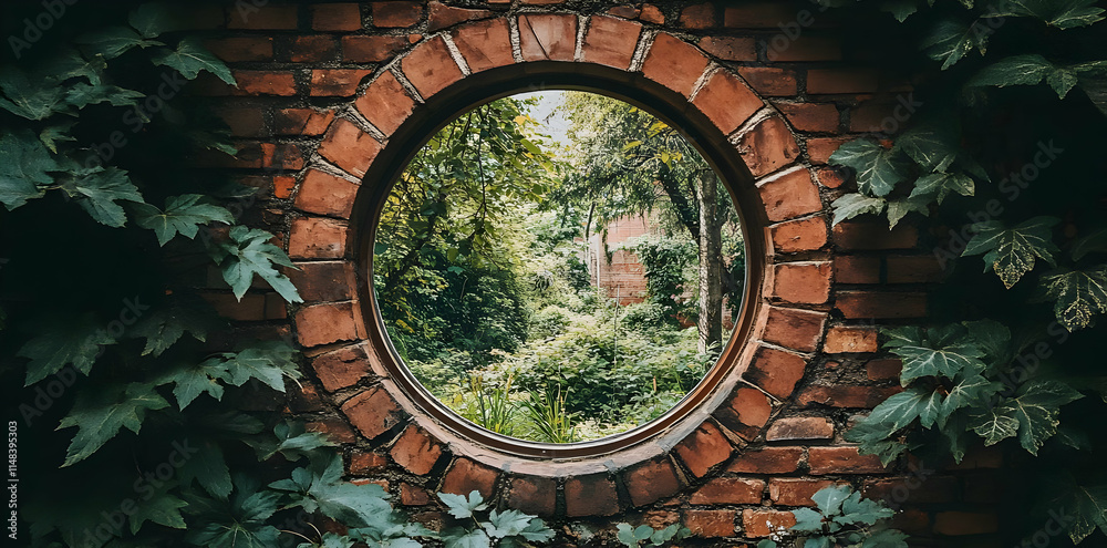Obraz premium A circular window in a brick wall frames a lush, green garden view.