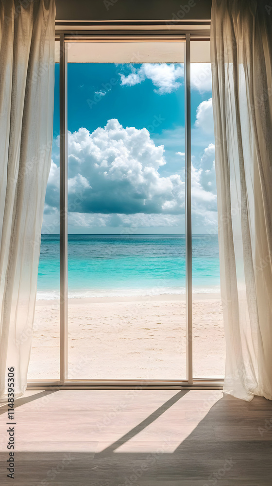 Fototapeta premium A serene beach view through a large window with flowing curtains and a bright sky.
