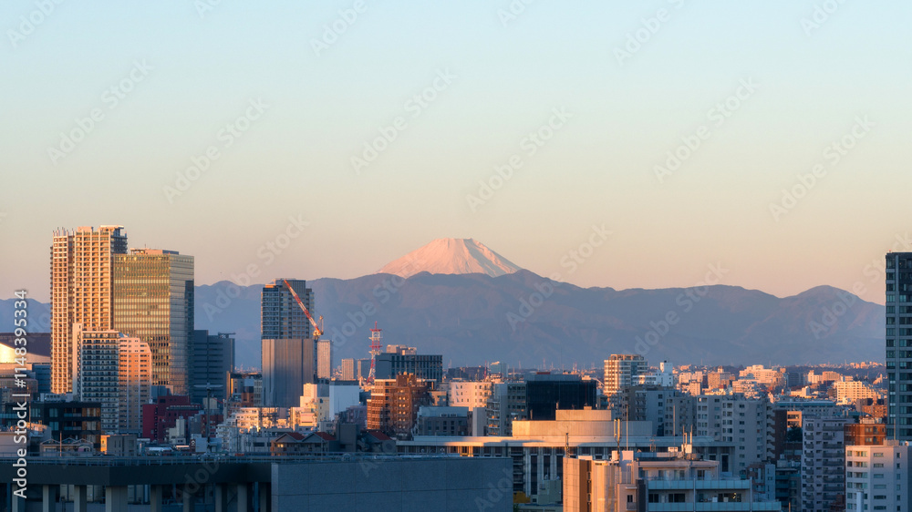 Naklejka premium Spectacular view of sacred Mount Fuji from the city of Tokyo, with tokyo city skyline and buildings in the foreground, mt fuji on the horizon line with mountains and clear sky above