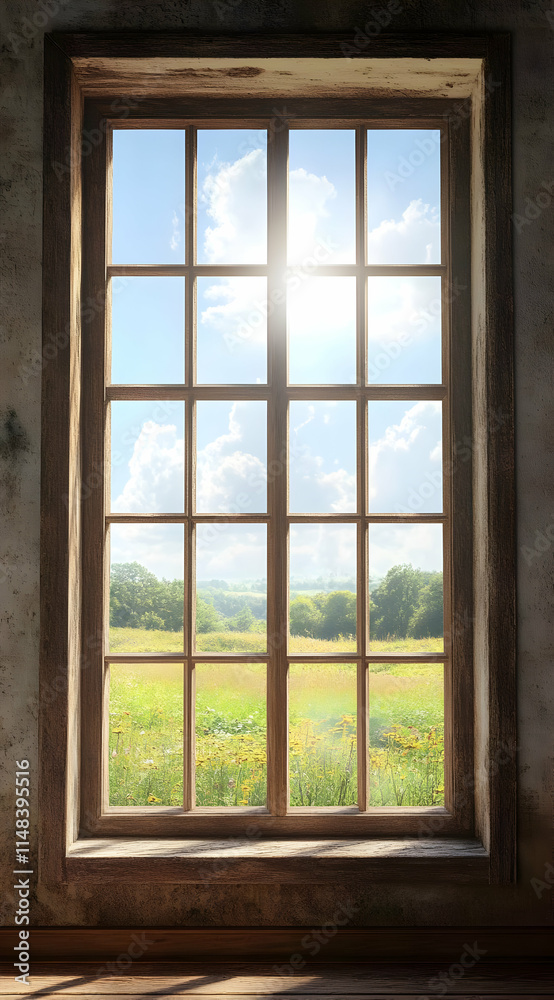 Fototapeta premium A sunlit window offers a view of a vibrant green field and blue sky with clouds.