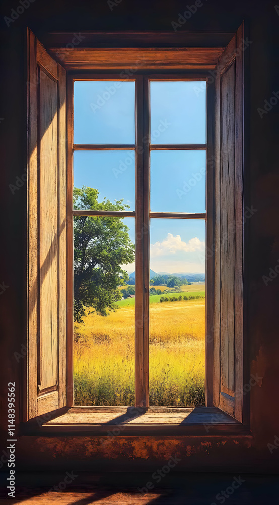 A serene view through an open window showcasing a sunny landscape with fields and trees. A serene view through an open window showcasing a sunny landscape with fields and trees.