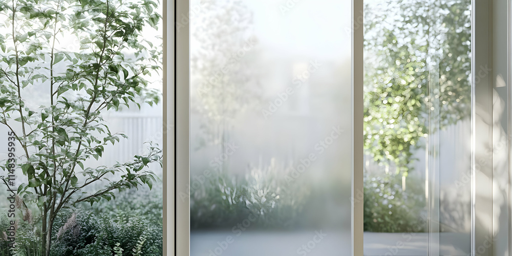 Fototapeta premium A serene view through frosted glass showcasing greenery and a tranquil outdoor space.