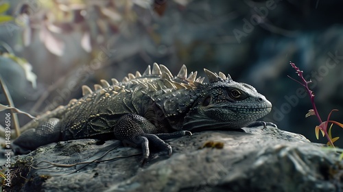 A tuatara resting on a rock under a soft natural light, photo