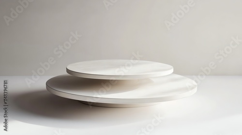 Elegant white plates stacked with soft shadows, perfect for modern dining or culinary presentations. photo