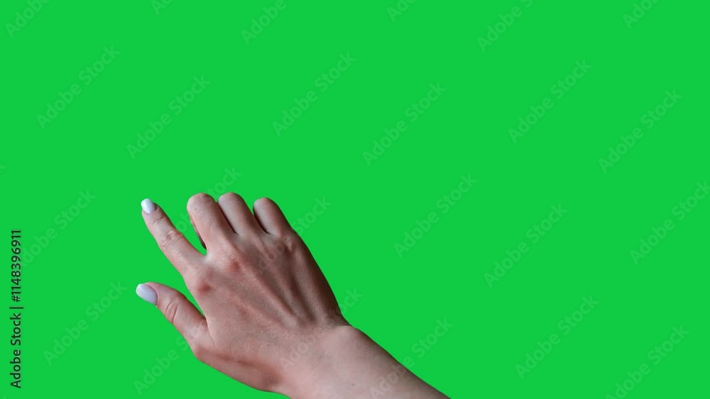 Horizontal scrolling gesture. Female hand scrolling up, scrolling on green screen with chromakey background. Using smartphone, tablet or touch screen. Interface concept. Diagonal up scrolling concept