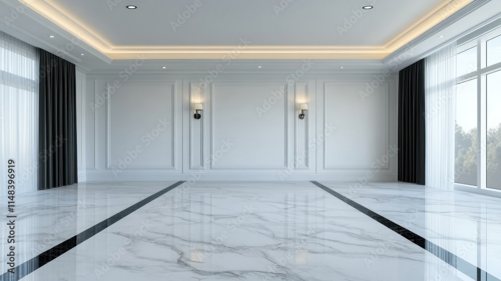 Obraz premium Modern empty room with marble floor and wall paneling.