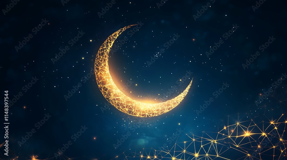 Naklejka premium Golden Crescent Moon in a Starry Night Sky