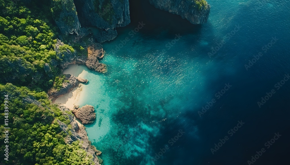 Aerial shot of Maya Bay in Krabi, showing turquoise waters surrounded by towering limestone cliffs Aerial shot of Maya Bay in Krabi, showing turquoise waters surrounded by towering limestone cliffs