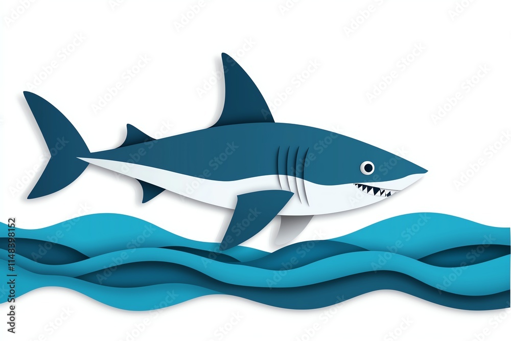 Fototapeta premium A stylized shark swims above wavy blue waters, showcasing a playful design and vibrant colors, emphasizing marine life.