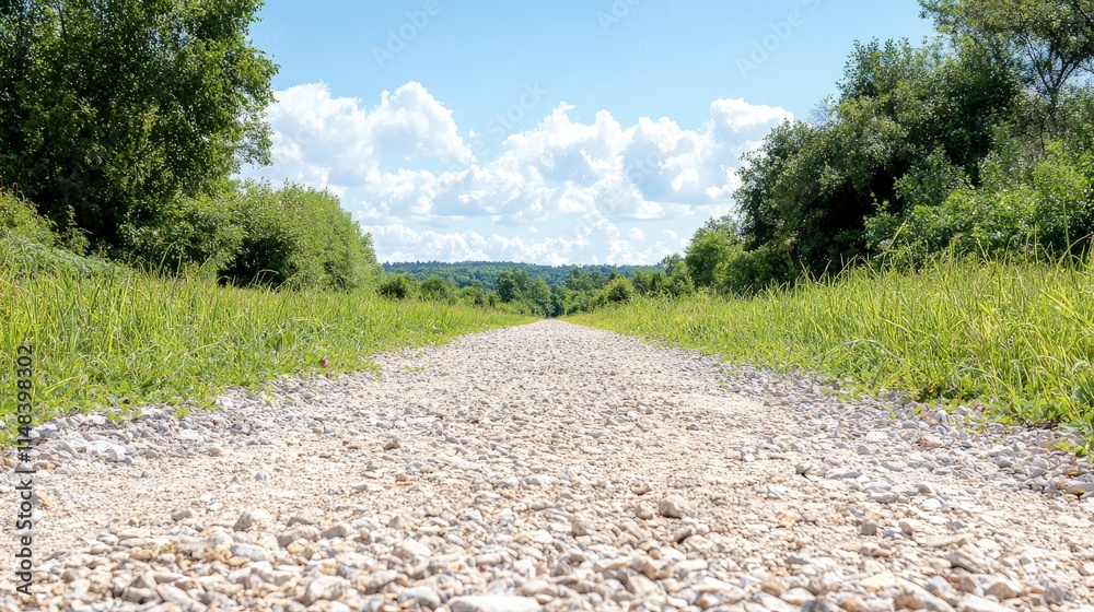 Fototapeta premium Gravel path through green landscape leading to horizon under a partly cloudy sky.